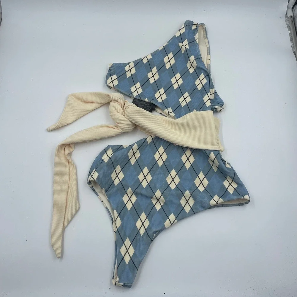 Beach Riot Alexis Argyle Side Tie Bikini Bottom Blue White - Size‎ L